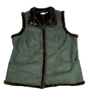 Denim & Company Women"s Dark Green Faux Suede Vest Fur Lining Snap Up Size 1X